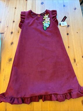 Design Lab Lord & Taylor Burgundy Ruffle Hem Dress with Floral Applique